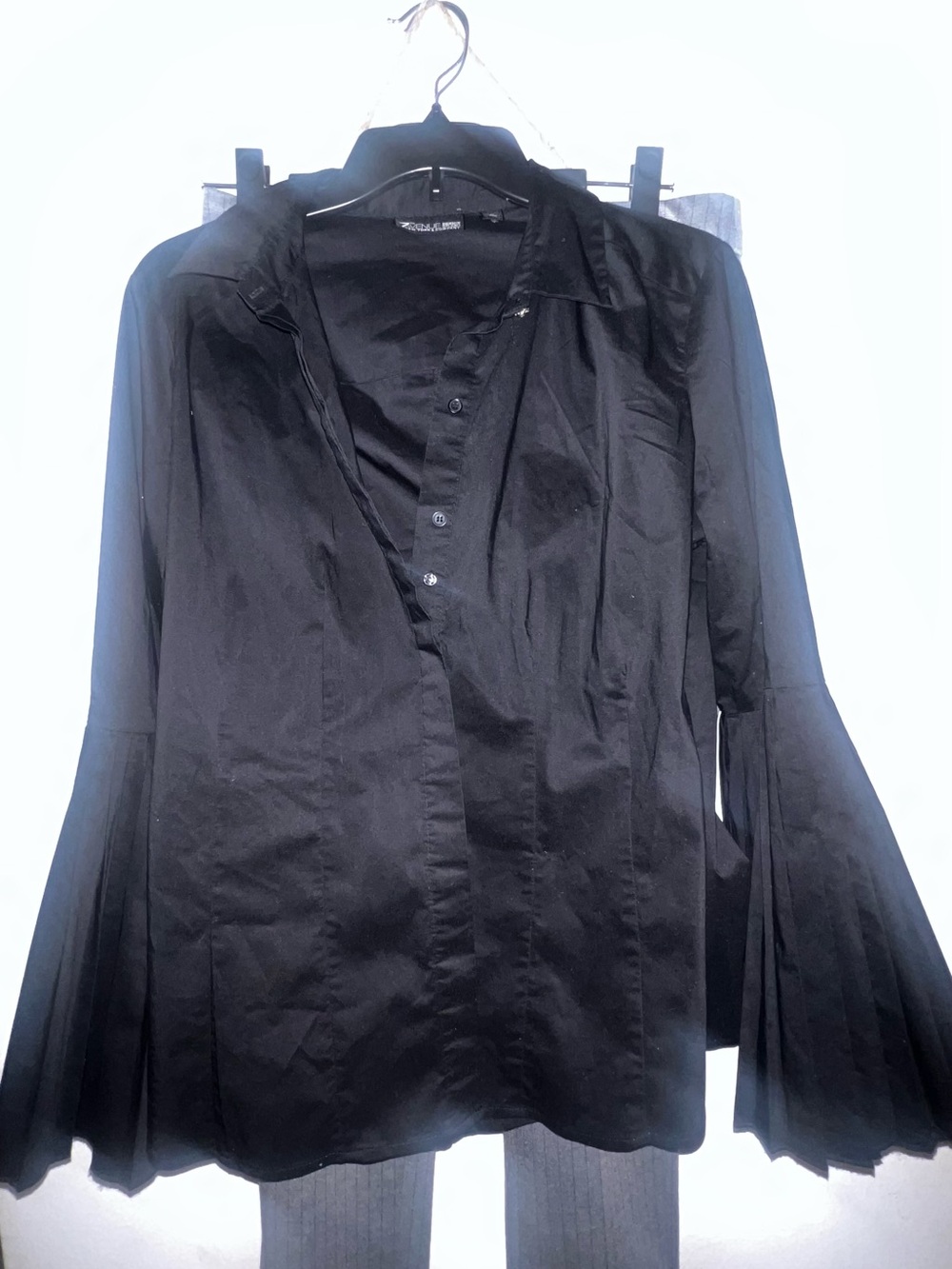 New York & Company Black Button-Up Blouse with Pleated Bell Sleeves